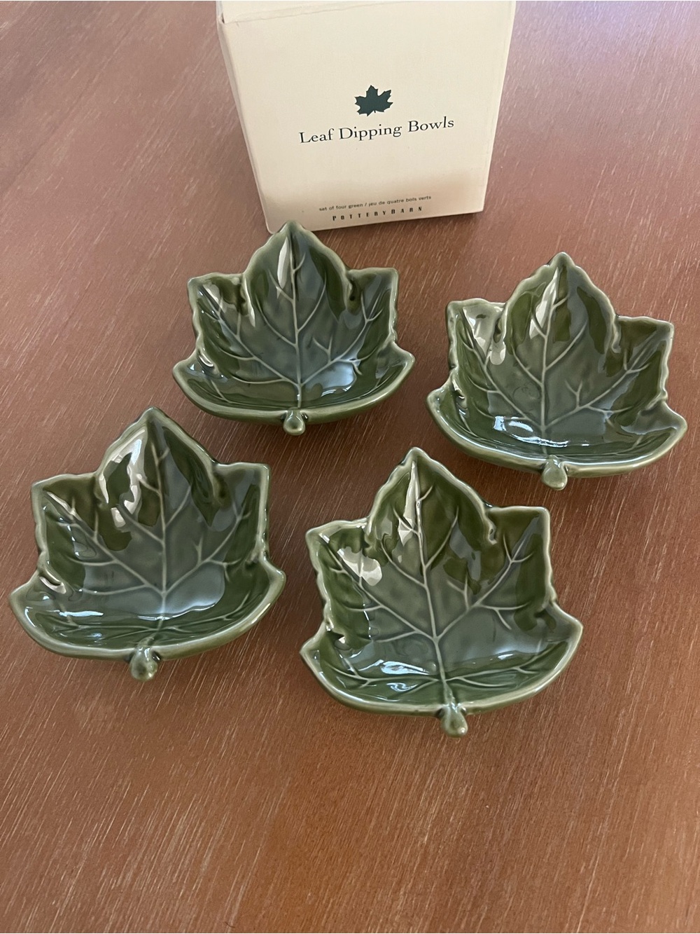 Pottery Barn Leaf Dipping Bowls - Green Leaf Ceramic Set